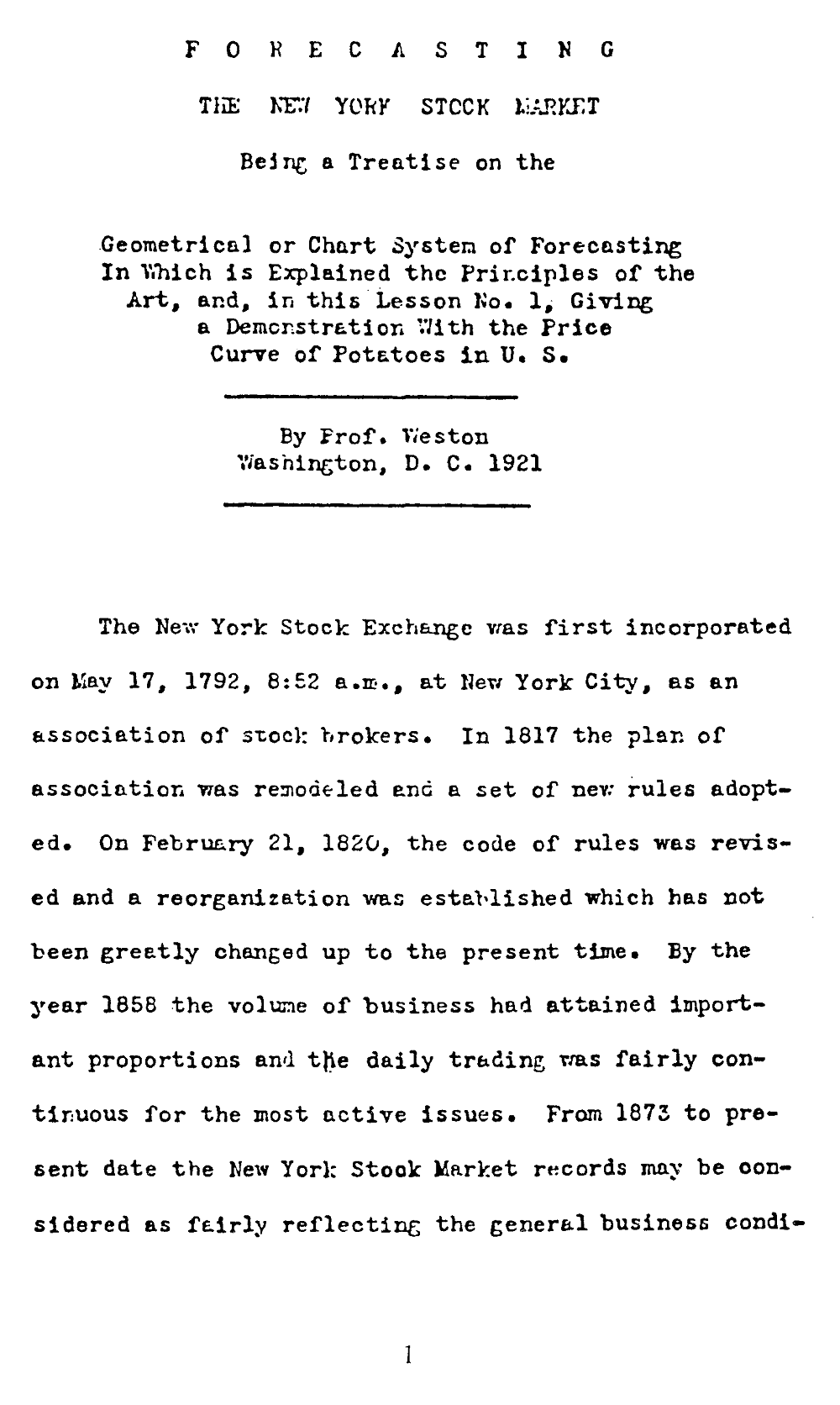Forecasting the New York Stock Market